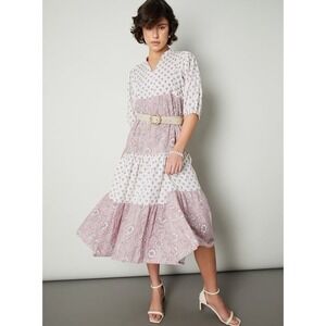 Max Purple Mauve Floral Tiered Midi Dress Puff Sleeve Boho UK 10 EUR 36 US8